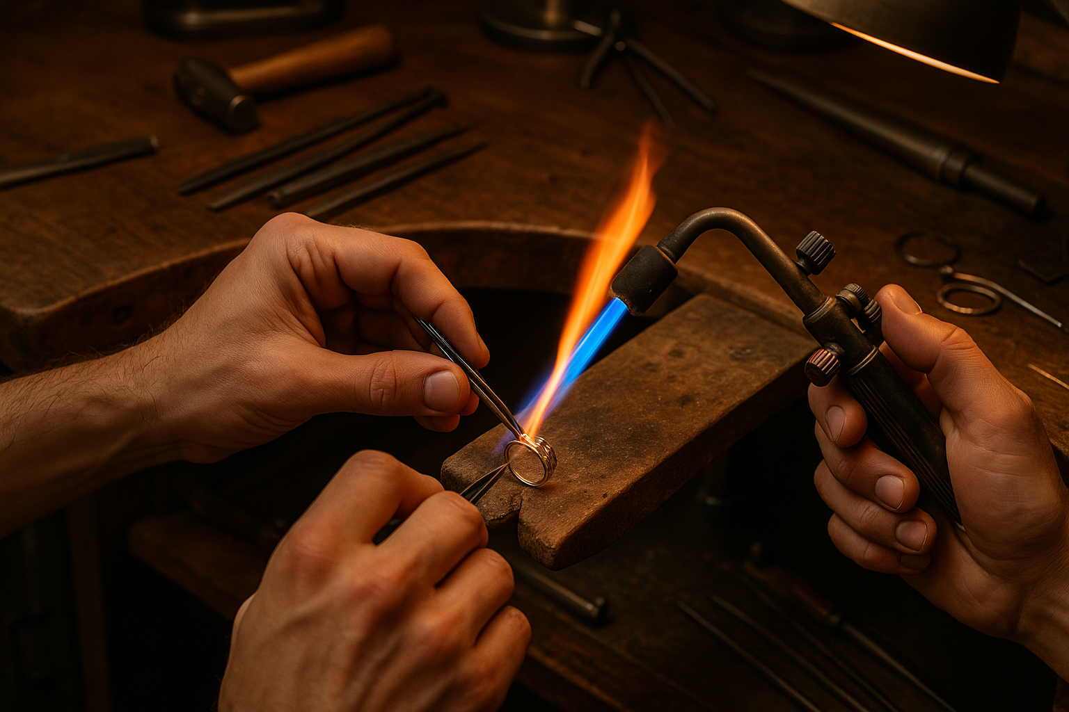 creami un immagine di 2 mani da uomo in un laboratorio orafo che al banco orafo stanno realizzando un gioiello magari con un cannello con il fuoco