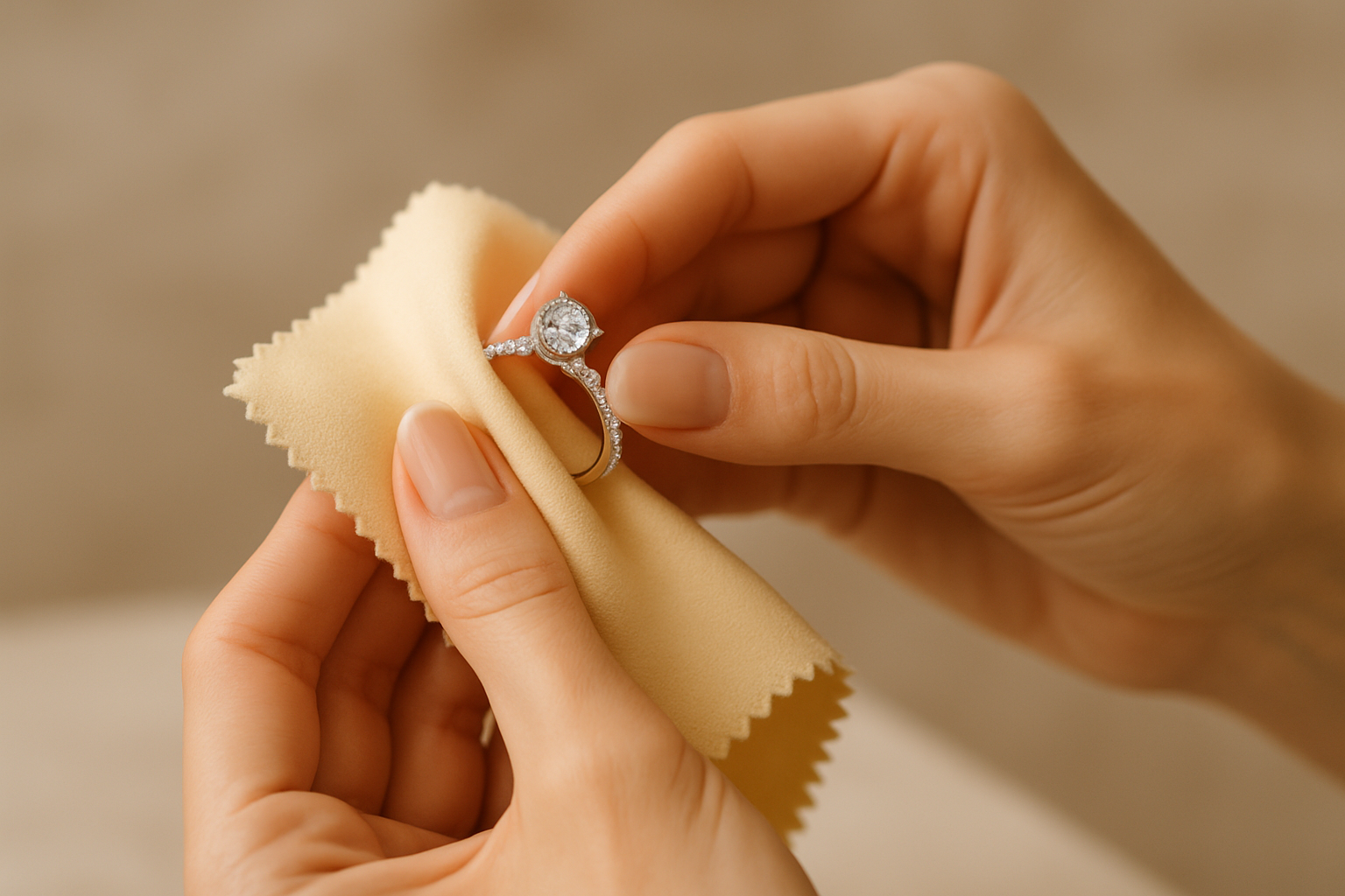 mani da donna che puliscono un anello con un panno